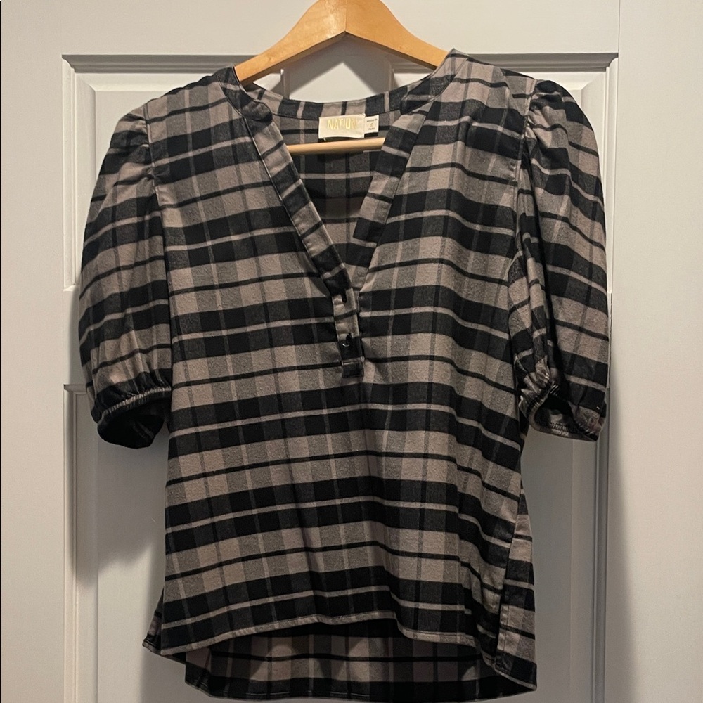 Nation LTD Black and Cream Plaid Blouse